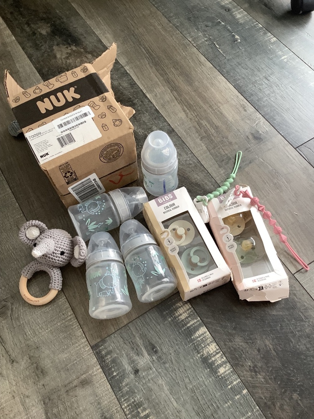 Baby Bundle, Nuk bottles, Bibs pacifiers, rattle, pacifier clips
